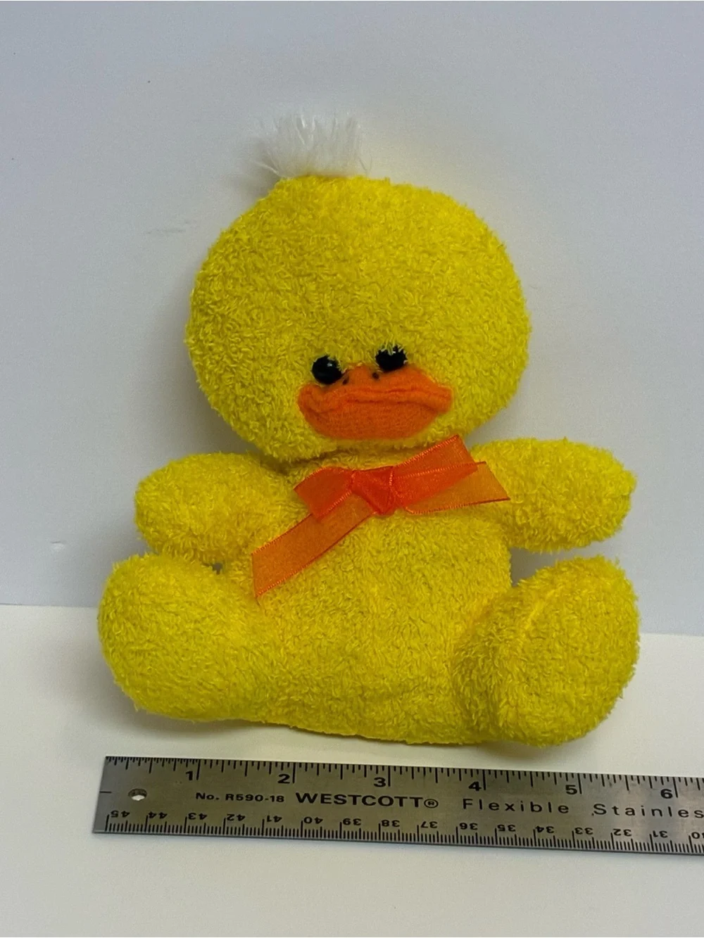Duck Plush with Bow Yellow Tuft of White Hair Soft 7 in.